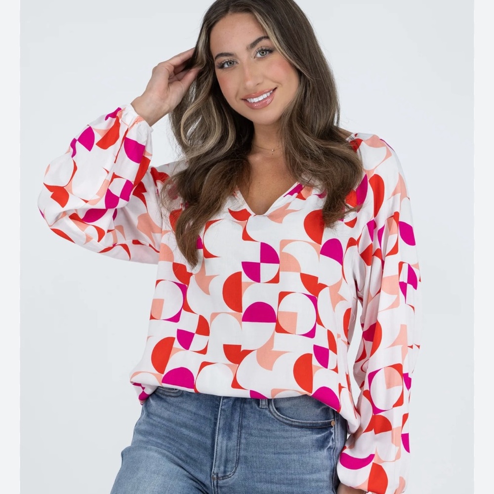 Emily Wonder NWT Geometric Circles Split Collar Long Sleeve Top Tunic Size 2X